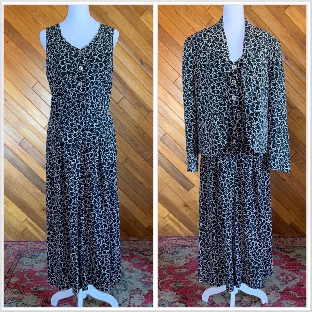 Vintage 80s/90s Silk Black and White Floral Blazer and Jumpsuit Two Piece Set
